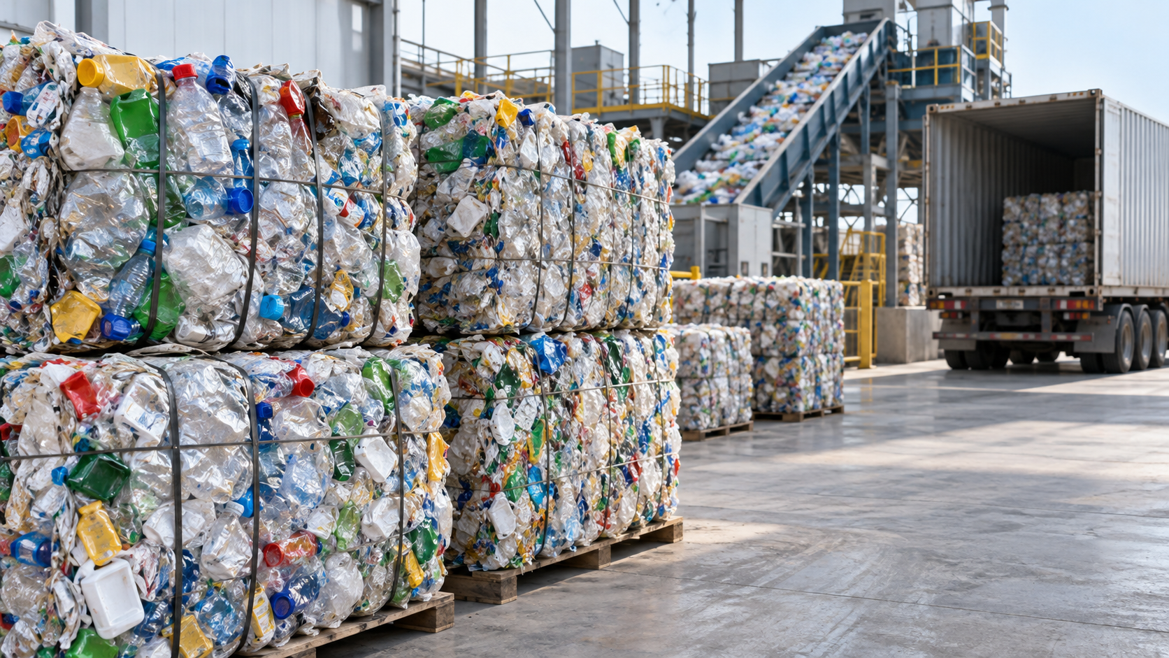 Temsili görsel: Bir atık ayırma tesisinde geri dönüşüm için hazırlanmış sıkıştırılmış plastik atık balyaları.
