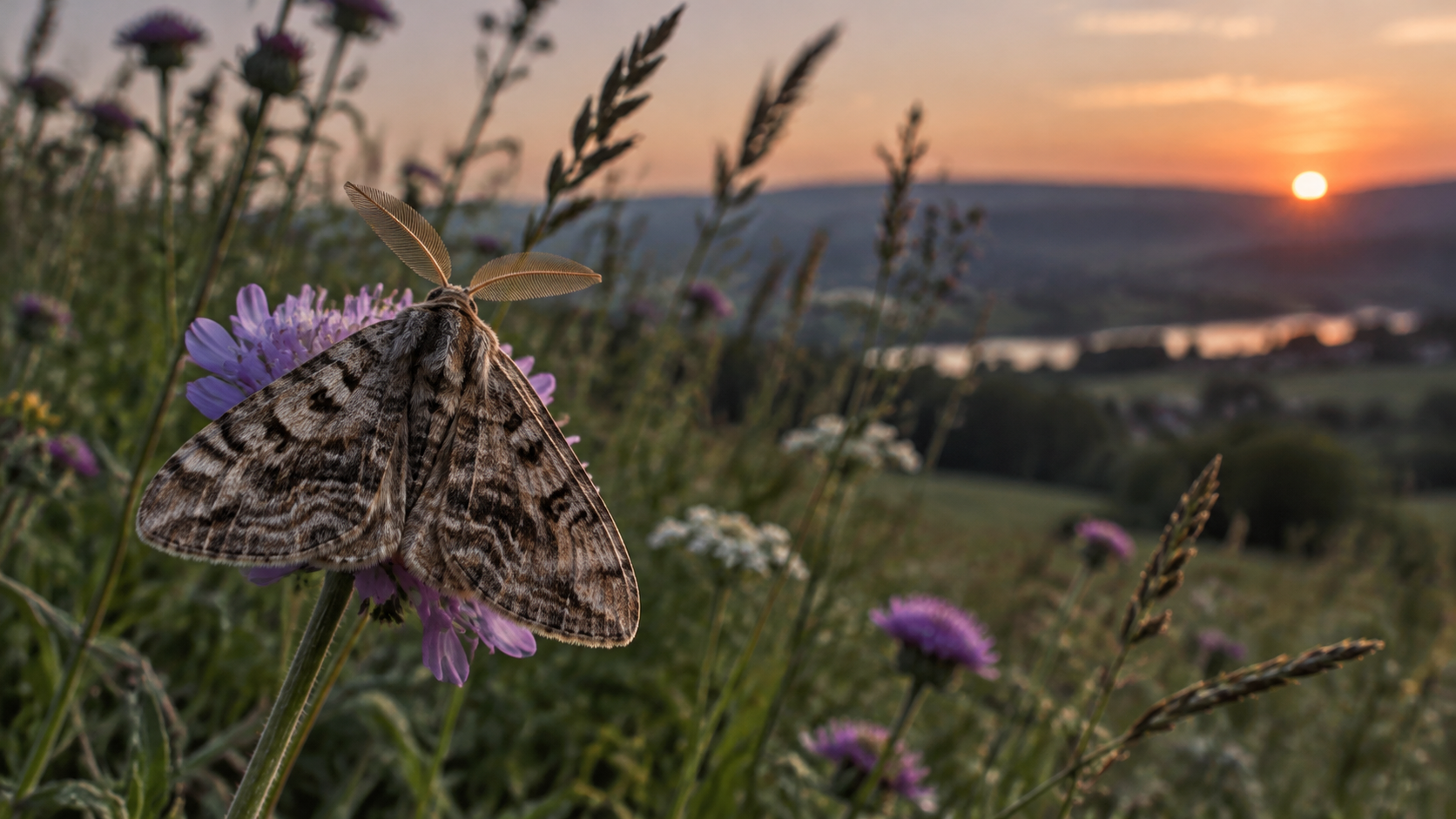 Illustration: Illustrative nature photograph of a moth resting among vegetation.