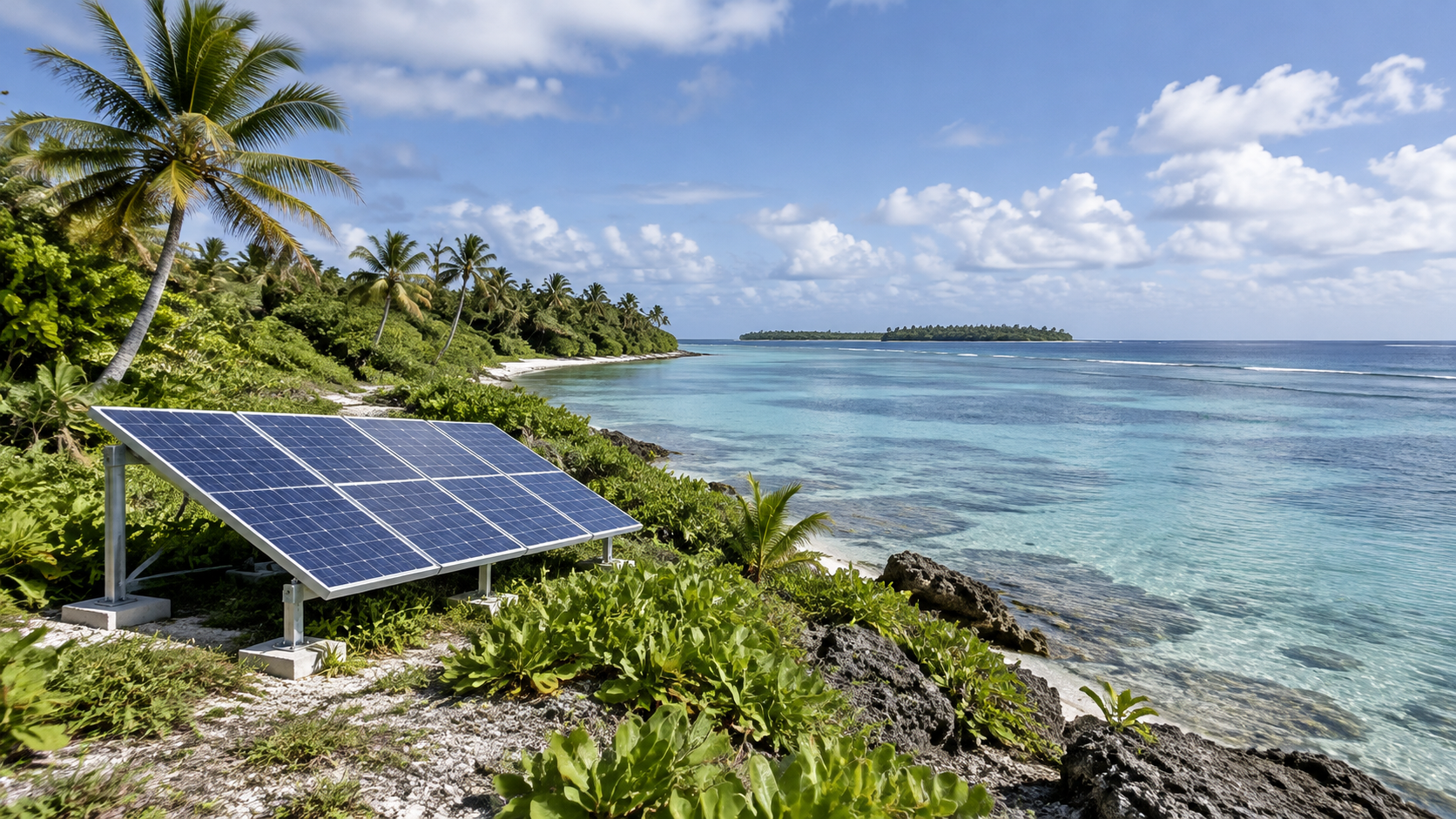 Illustration: Illustrative view of a low-lying tropical island coastline with ocean water, coastal vegetation and solar panels.