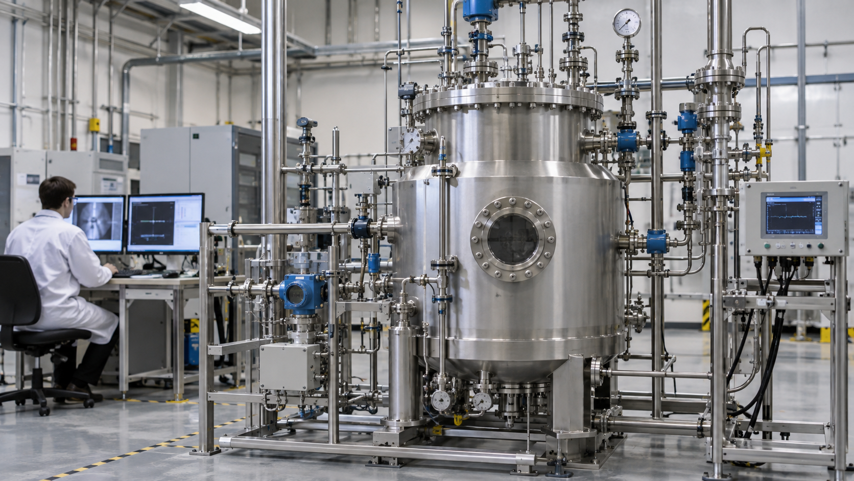 Illustration: Metal experimental apparatus, pipes and measuring instruments in a laboratory illustrating nuclear energy research.