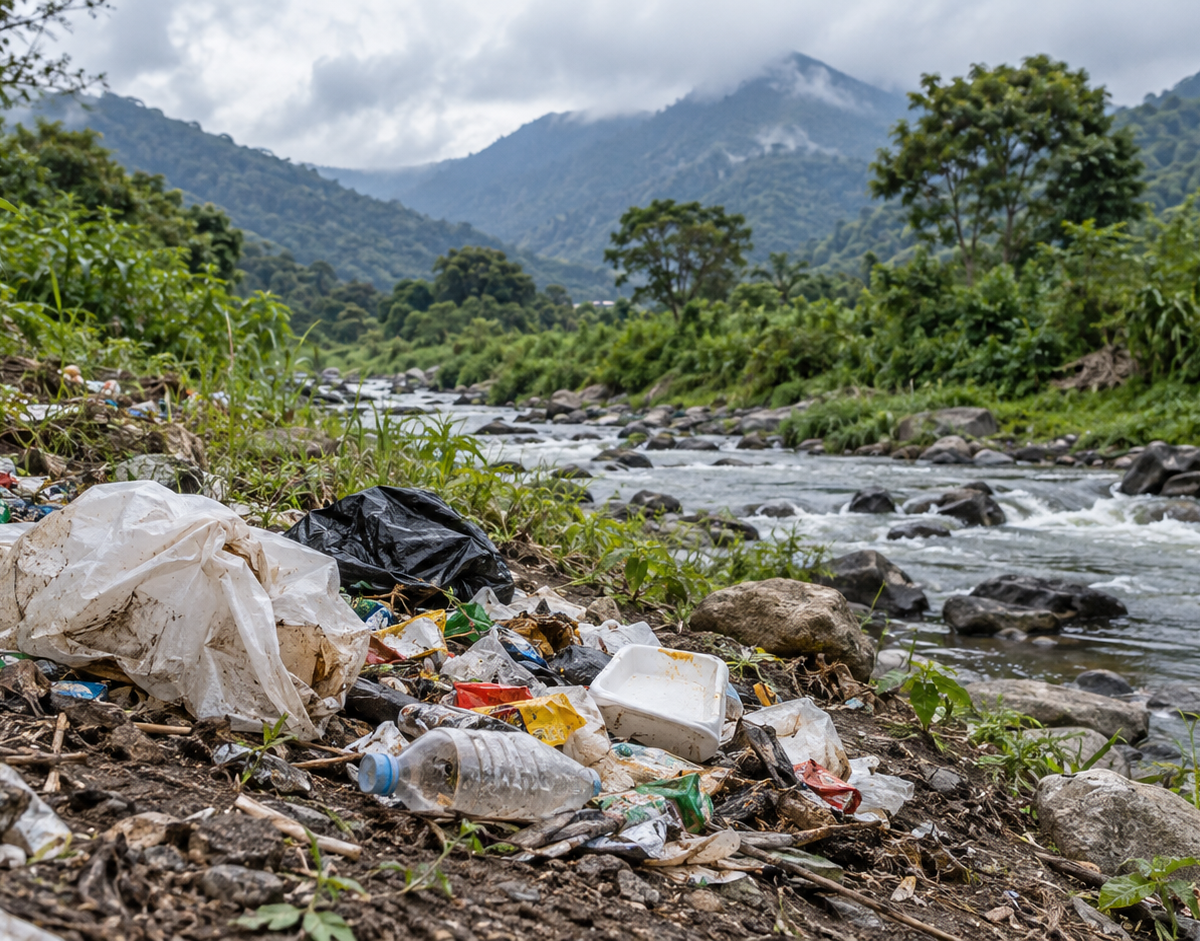 Illustration: Illustrative view of mixed solid waste on bare ground near a stream bordered by vegetation.