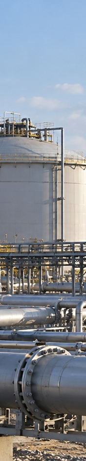Illustration: Illustrative energy infrastructure with natural gas storage tanks, pipelines and electricity transmission towers.