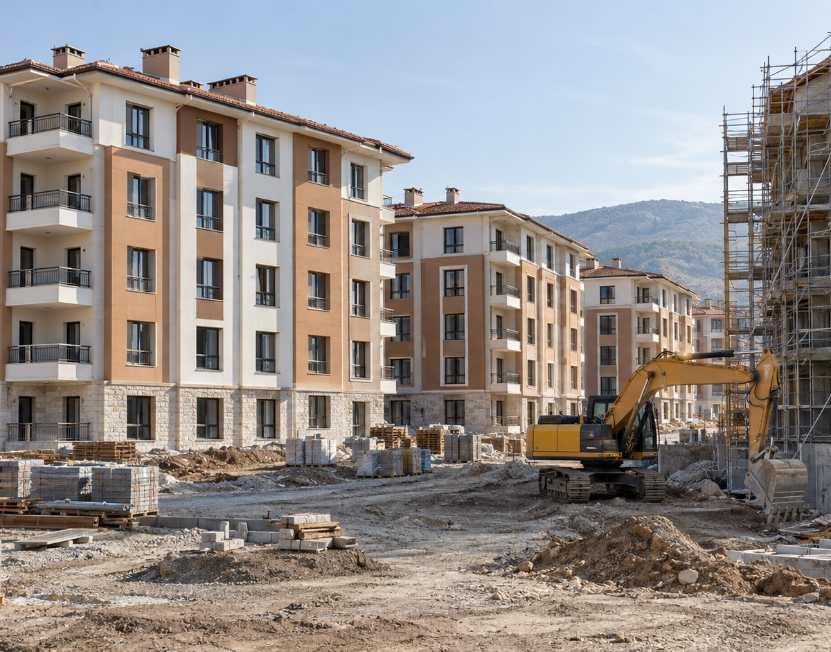 Illustration: Illustrative social housing construction site with apartment blocks nearing completion, scaffolding and construction equipment.