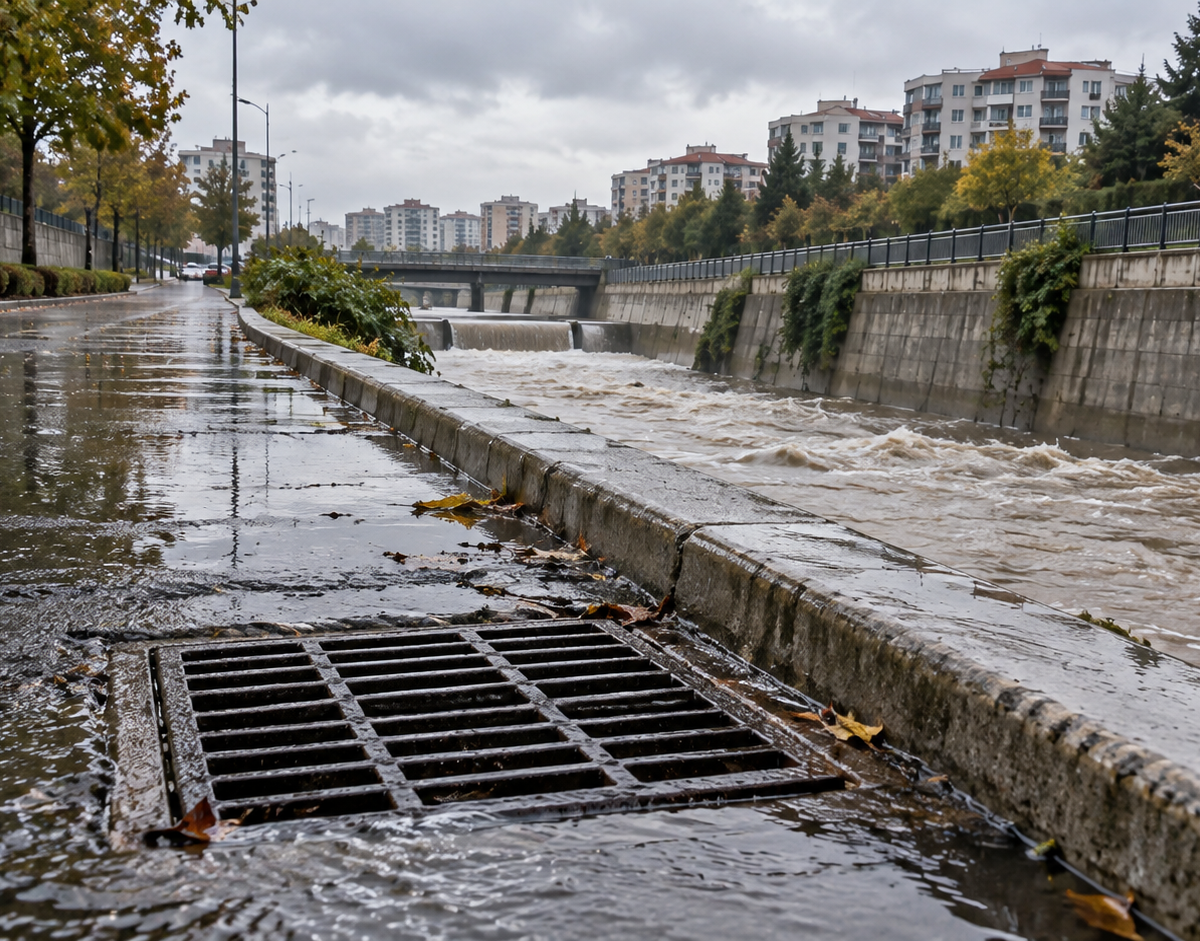 Temsili görsel: Yağmur sonrası bir kent deresinin yanında görülen yağmur suyu gideri ve beton drenaj kanalı; temsili görüntü.
