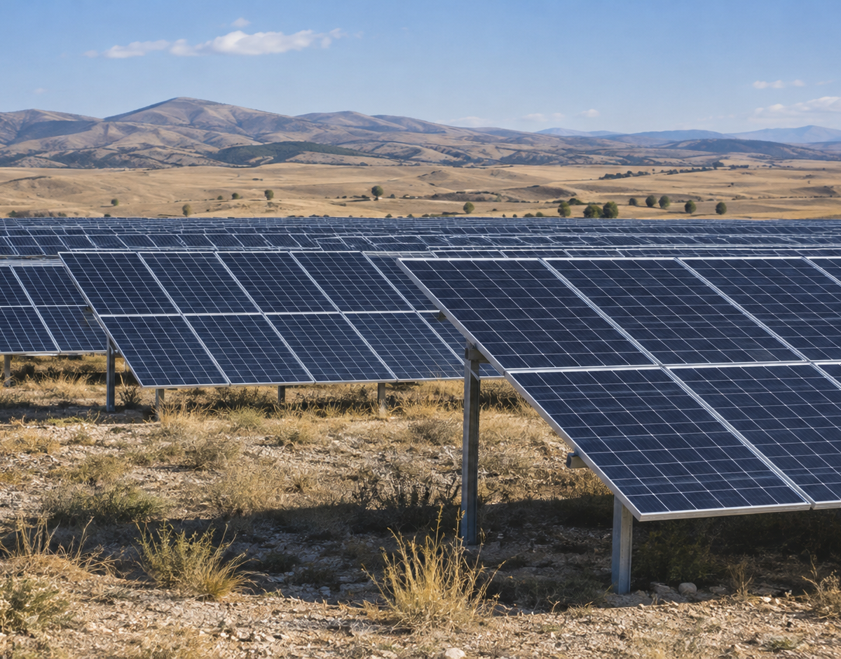 Illustration: Illustrative photograph of rows of solar panels installed on open land.