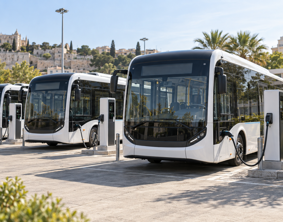 Temsili görsel: Modern elektrikli servis otobüsleri ve yanlarında görünen şarj üniteleri; temsili ulaşım hazırlığı görüntüsü.
