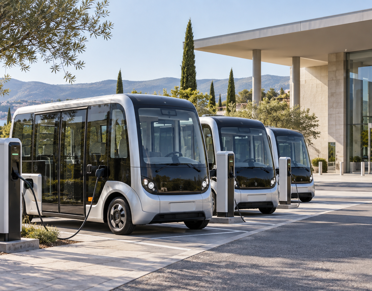 Illustration: Illustrative view of electric shuttle buses and charging units representing climate conference transport preparations.