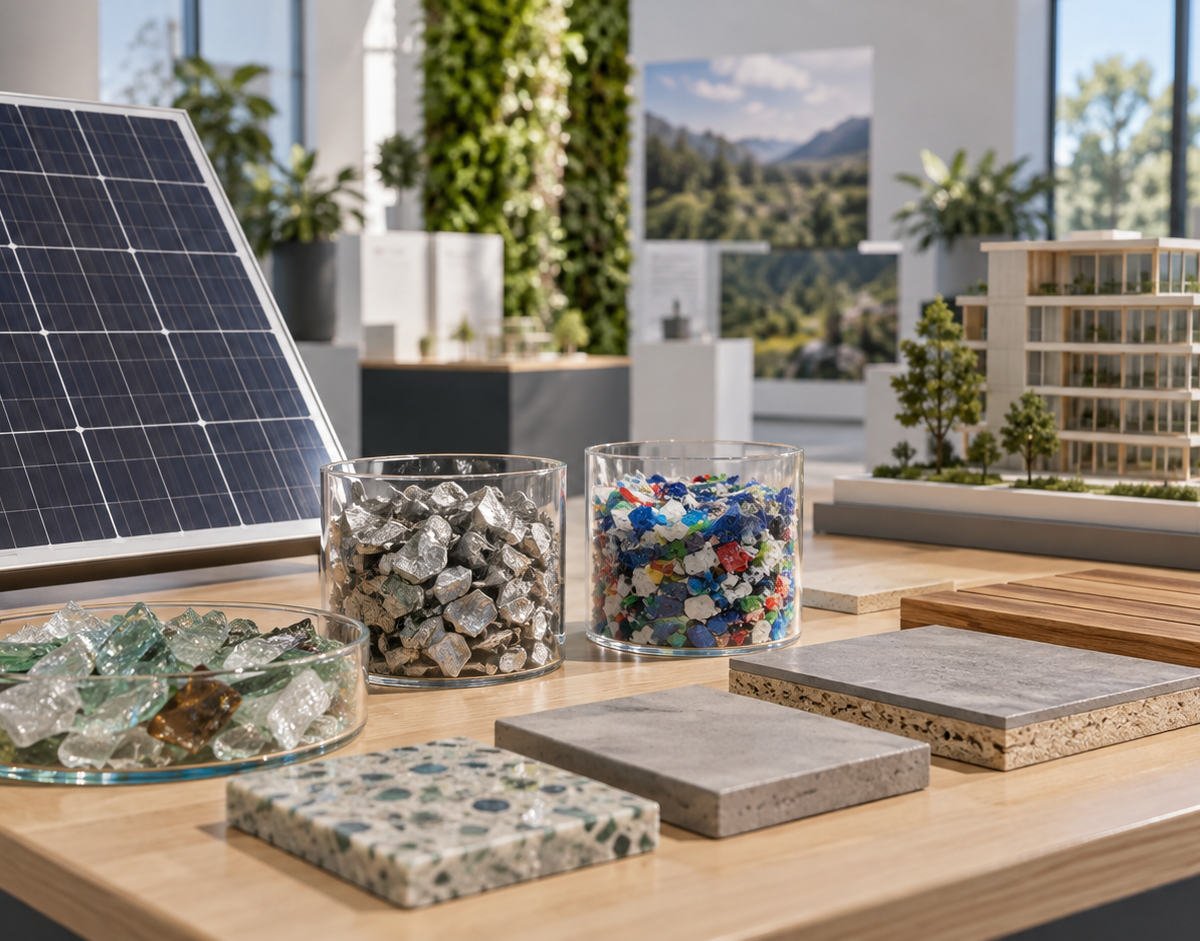 Illustration: Illustrative exhibition table with a solar panel, a building model and recovered material samples representing climate technologies.
