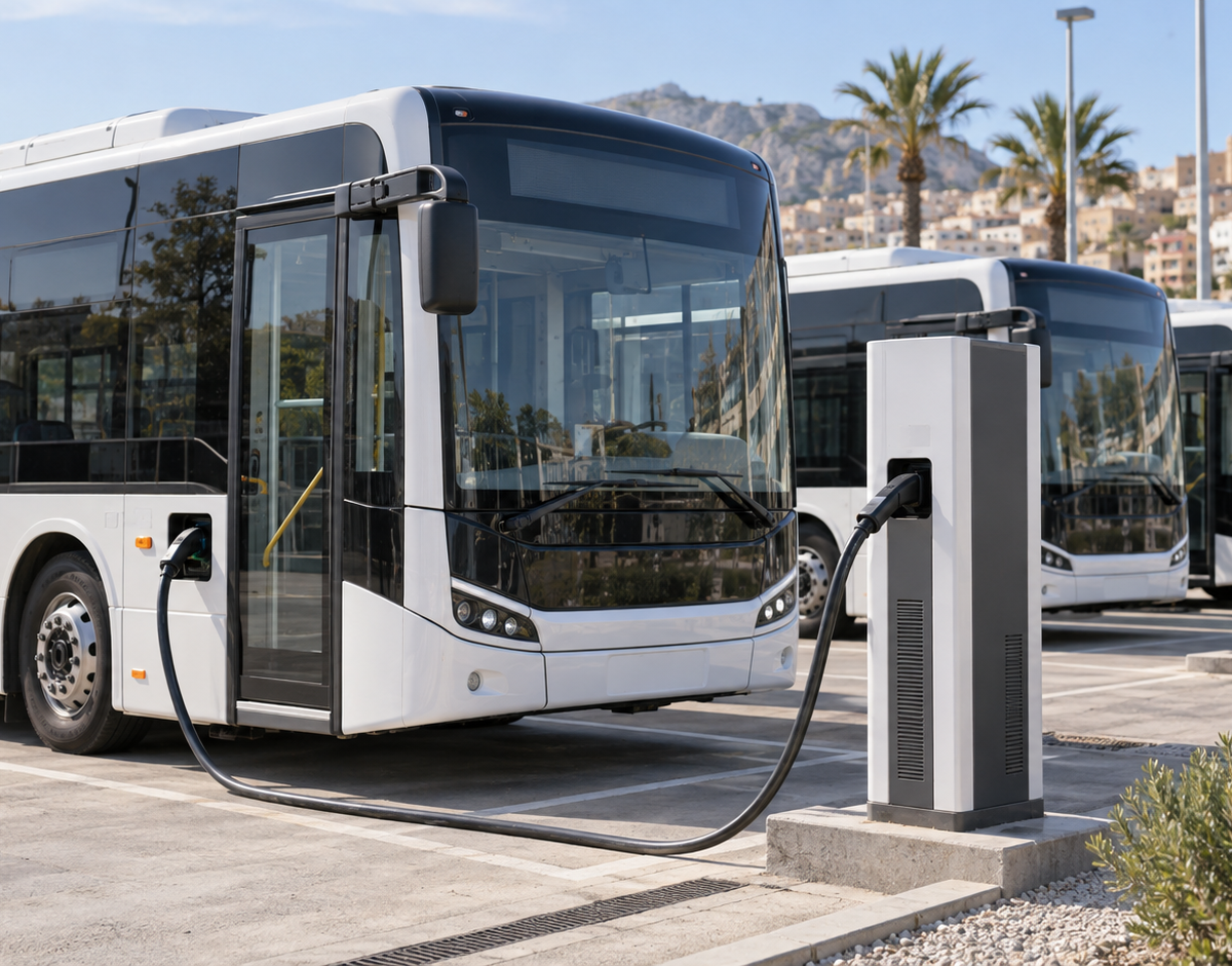 Illustration: Illustrative view of electric buses parked beside charging points in a bus depot.