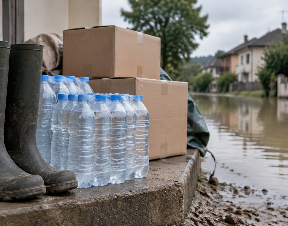 Illustration: Illustrative flood-response scene with rubber boots, bottled water and relief boxes beside muddy water.