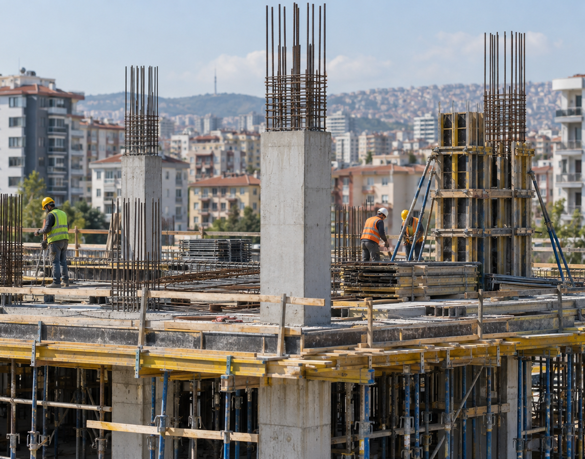 Illustration: Concrete columns, reinforcing bars and scaffolding at a building construction site illustrating urban transformation.