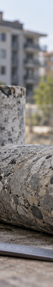 Illustration: Illustrative photograph of concrete core samples and building inspection equipment in front of residential buildings.