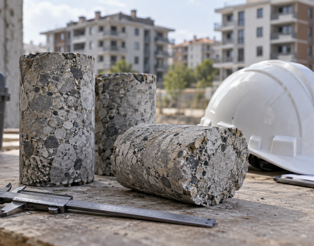 Illustration: Illustrative photograph of concrete core samples and building inspection equipment in front of residential buildings.