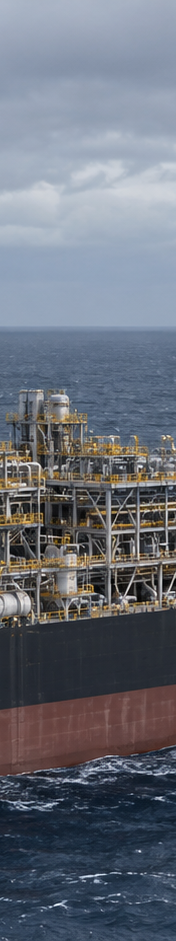Temsili görsel: Açık denizde gaz işleme ekipmanları, borular ve alev kulesi bulunan temsili yüzer üretim platformu.