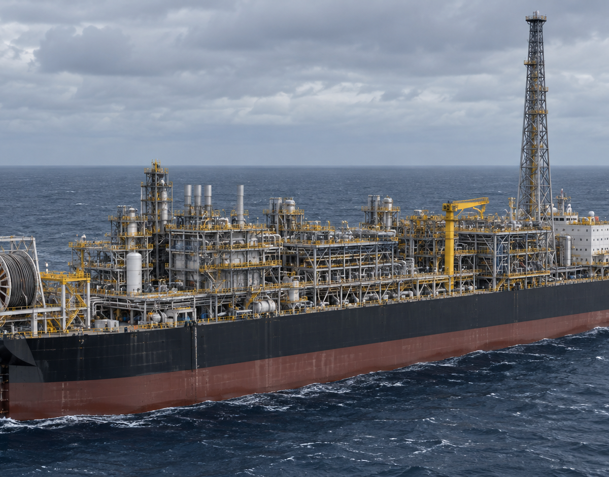 Illustration: Illustrative offshore floating production platform with gas processing equipment, pipes and a flare tower.