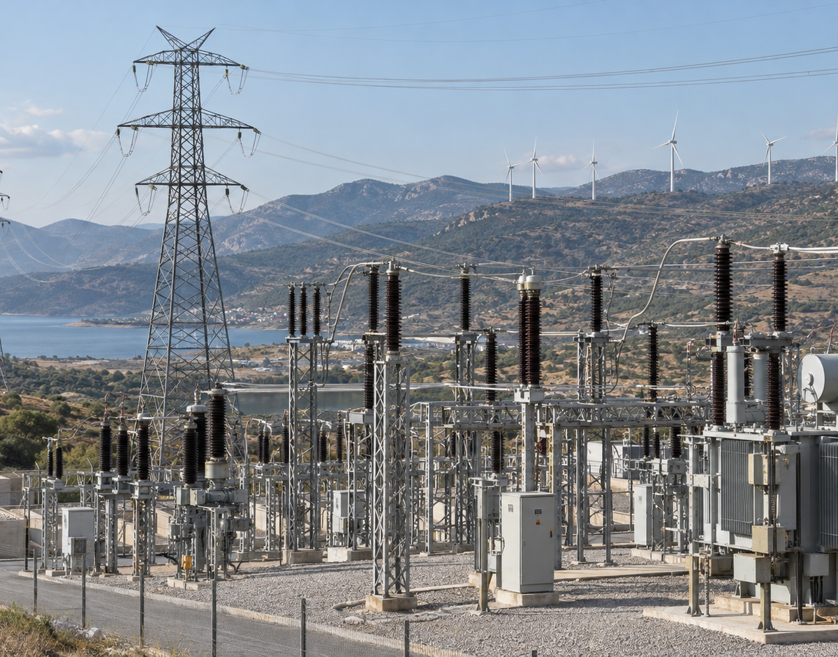 Temsili görsel: Elektrik iletim hatları ve bir trafo merkezindeki şalt ekipmanlarını gösteren temsili görünüm.