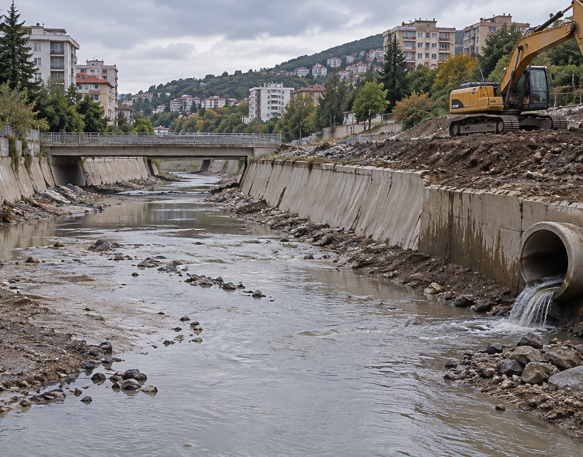 Illustration: Illustrative concrete stream channel with drainage pipes and an excavator on the bank.