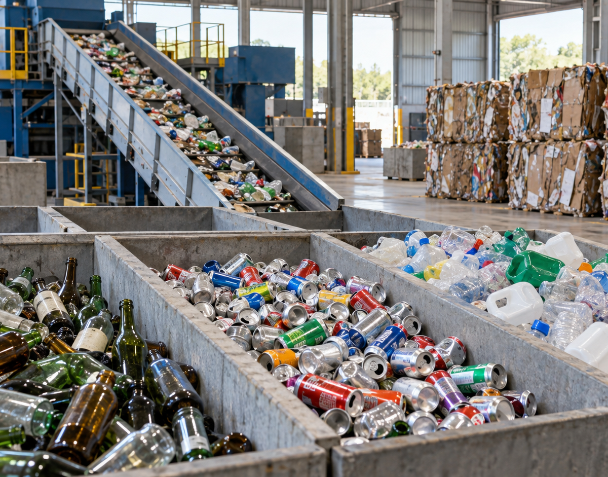 Illustration: An orderly recycling facility with sorted packaging materials, glass bottles and metal cans.