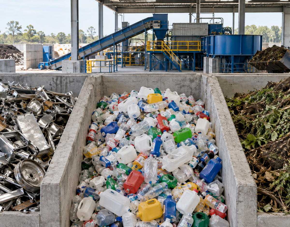 Illustration: Illustrative view of metal, plastic and organic materials kept in separate compartments at a waste-sorting facility.
