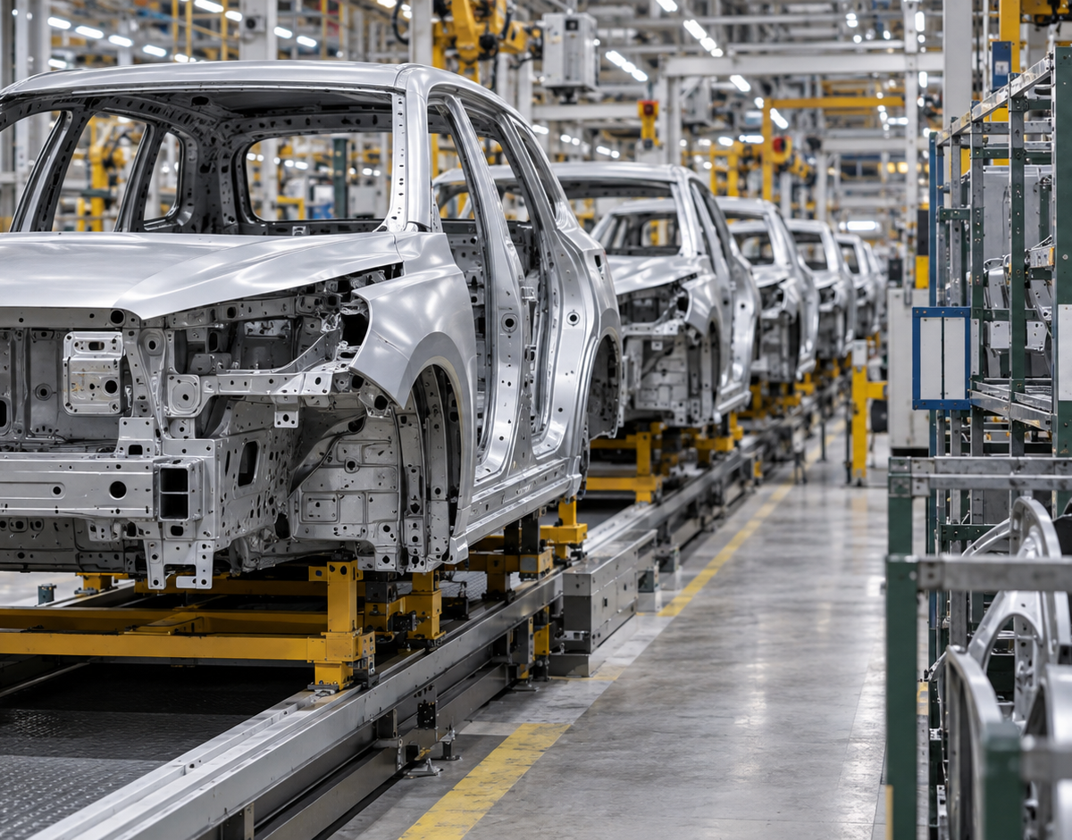 Temsili görsel: Bir otomotiv fabrikasında montaj hattındaki araç gövdeleri ve metal parça taşıma rafları; temsili görüntü.