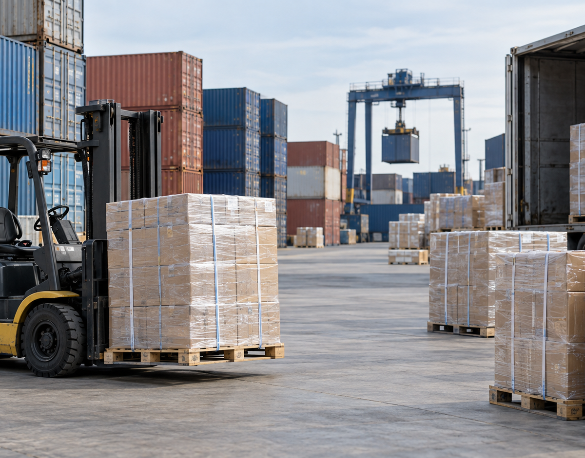 Illustration: Freight containers and palletized commercial cargo arranged in a logistics yard; illustrative image.