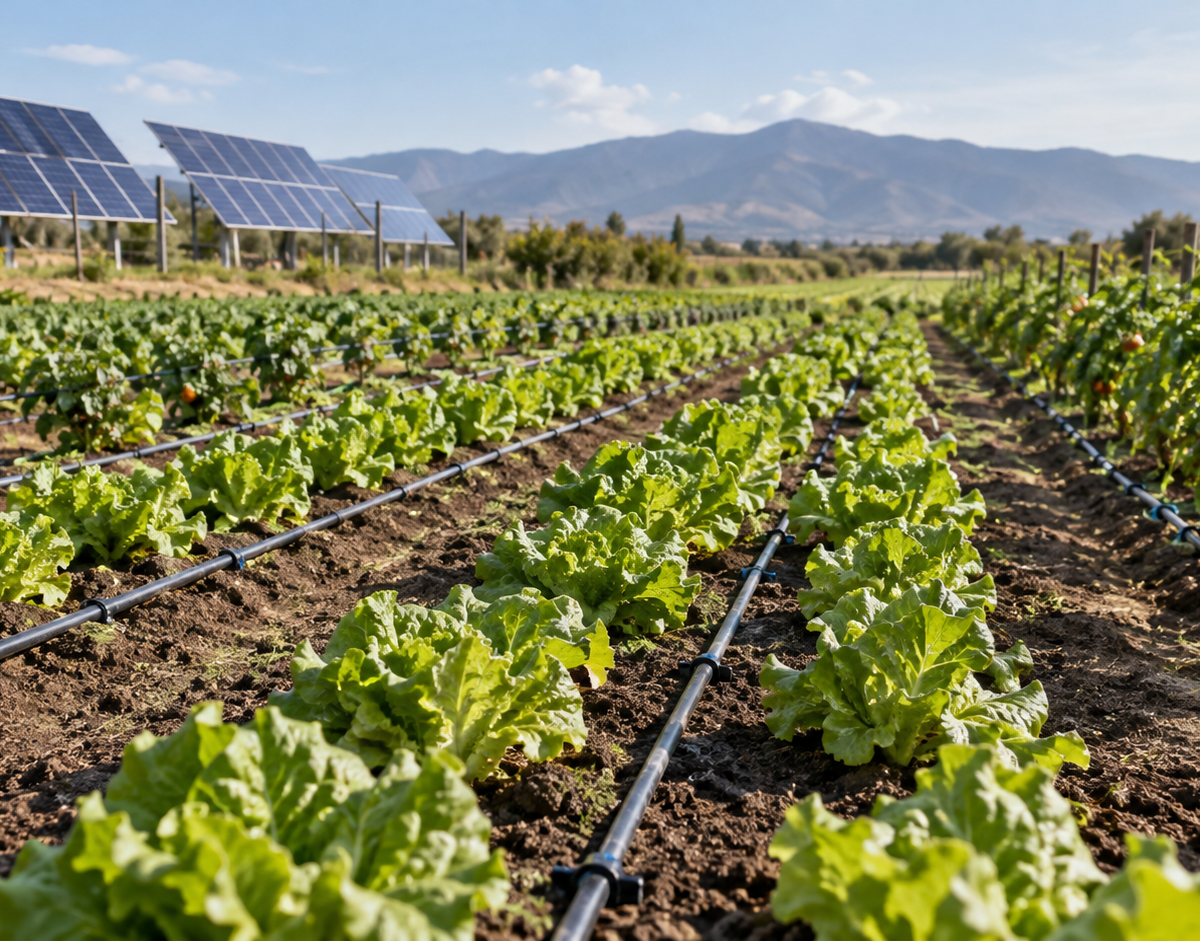 Illustration: Cultivated land with drip-irrigation lines and solar panels in the background, illustrating green economy and sustainable agriculture.