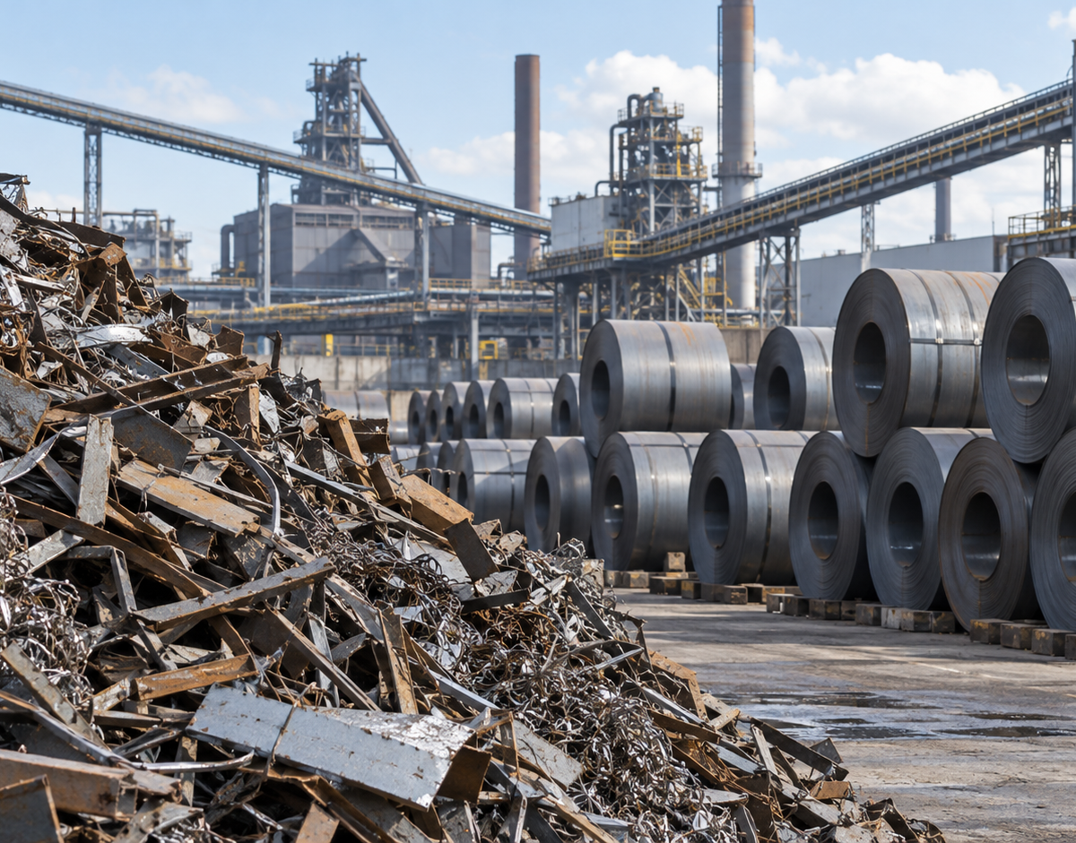 Illustration: Illustrative view of sorted scrap metal and stacked steel coils at a steel facility.