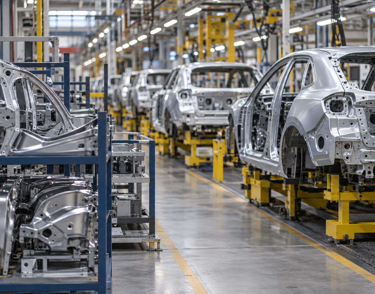 Temsili görsel: Otomotiv üretim tesisinde montaj hattındaki araç gövdeleri ve metal otomotiv parçaları.