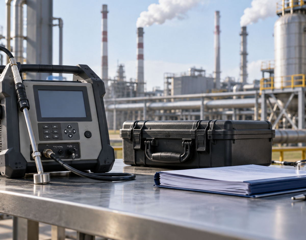 Illustration: Illustrative photograph of measuring instruments and technical working documents in front of an industrial facility.