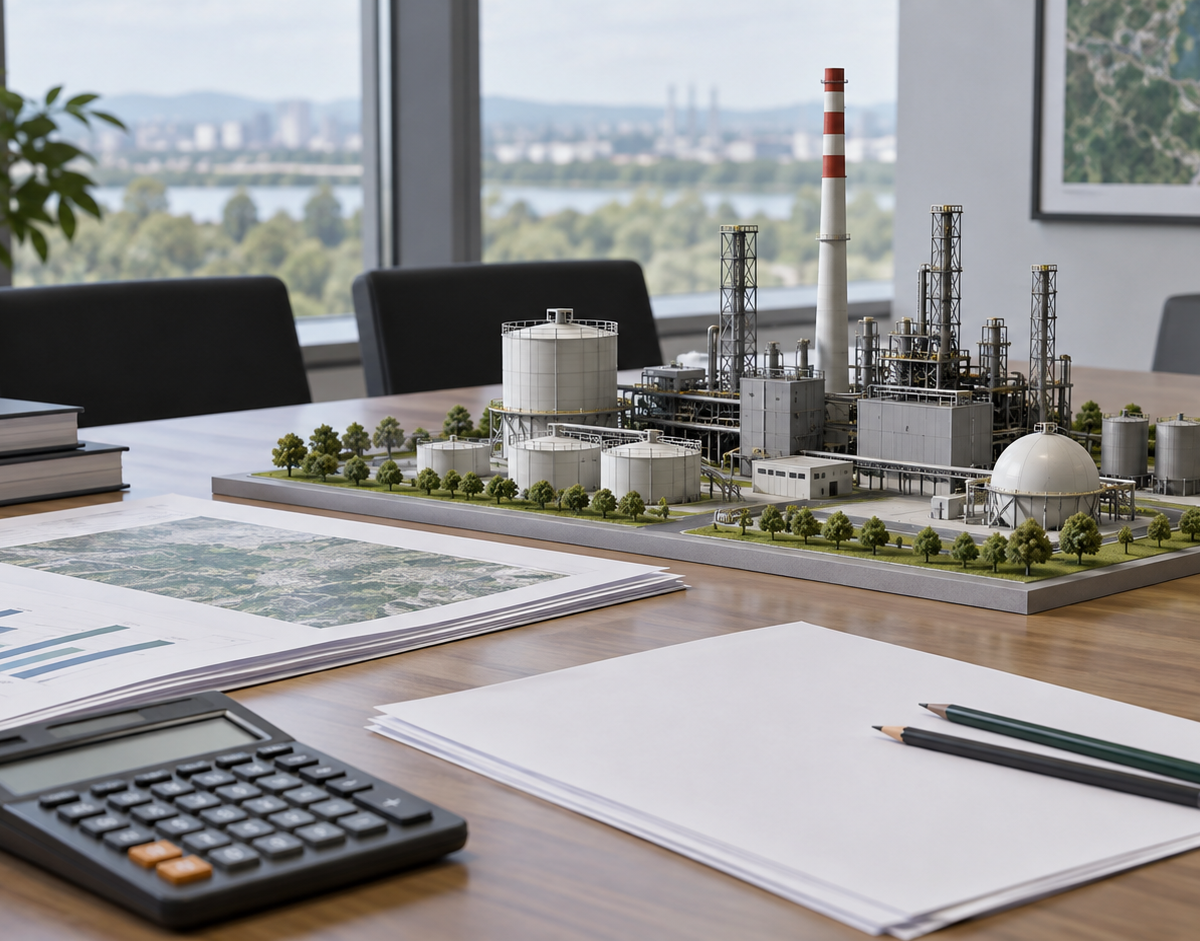 Illustration: Illustrative desk with a calculator, blank working papers and a scale model of an industrial facility.
