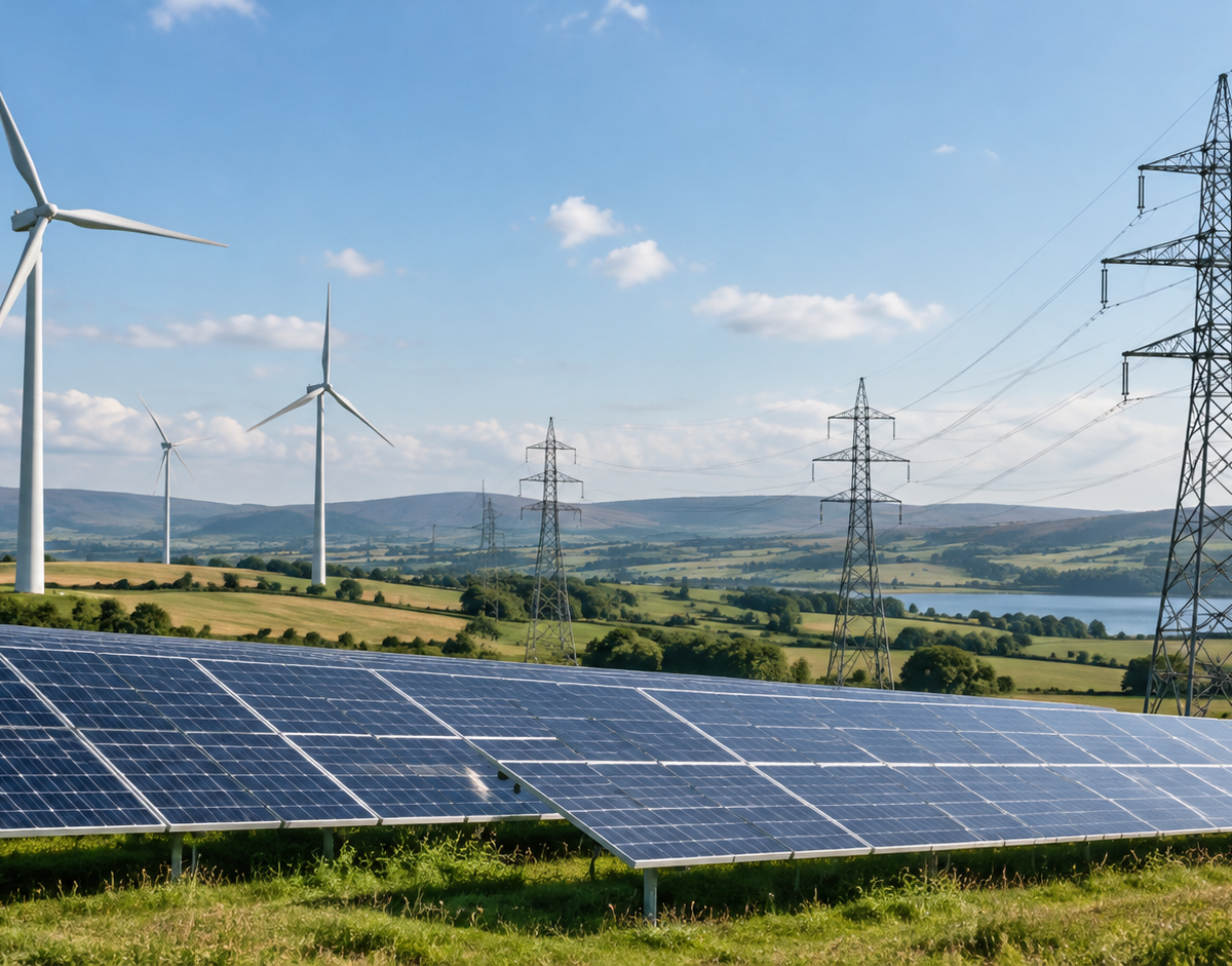 Illustration: Illustrative view of wind turbines and solar panels alongside electricity transmission lines.