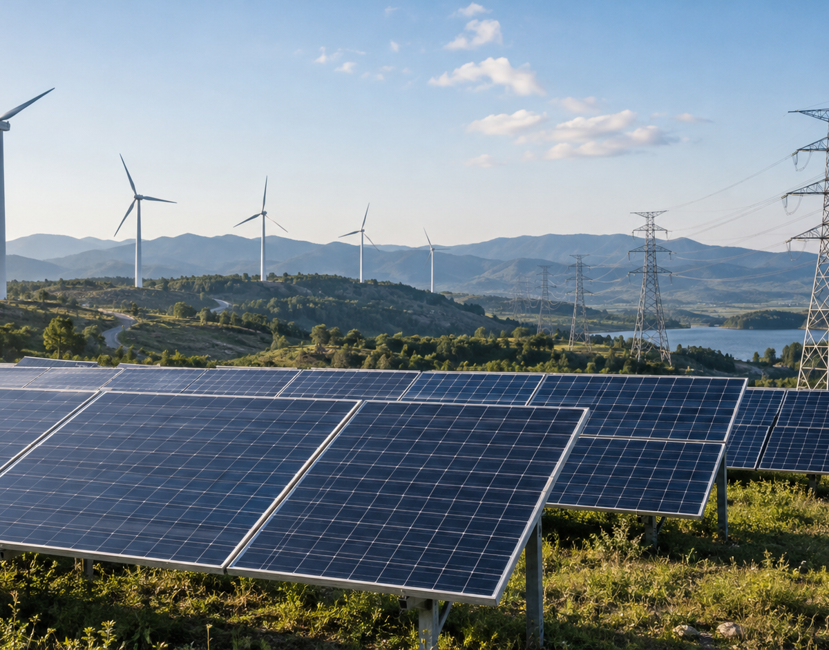 Illustration: Illustrative view of solar panels across open land, with wind turbines and electricity transmission lines in the background.