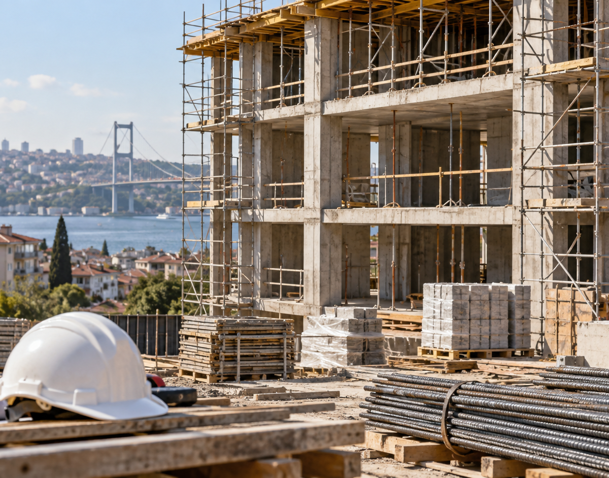 Illustration: Illustrative residential redevelopment scene showing a reinforced-concrete building under construction, scaffolding and a safety helmet in the foreground.